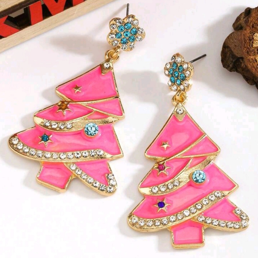 🎄HP! Oversized Chunky Pink Rhinestone Girly Christmas Tree Earrings New!